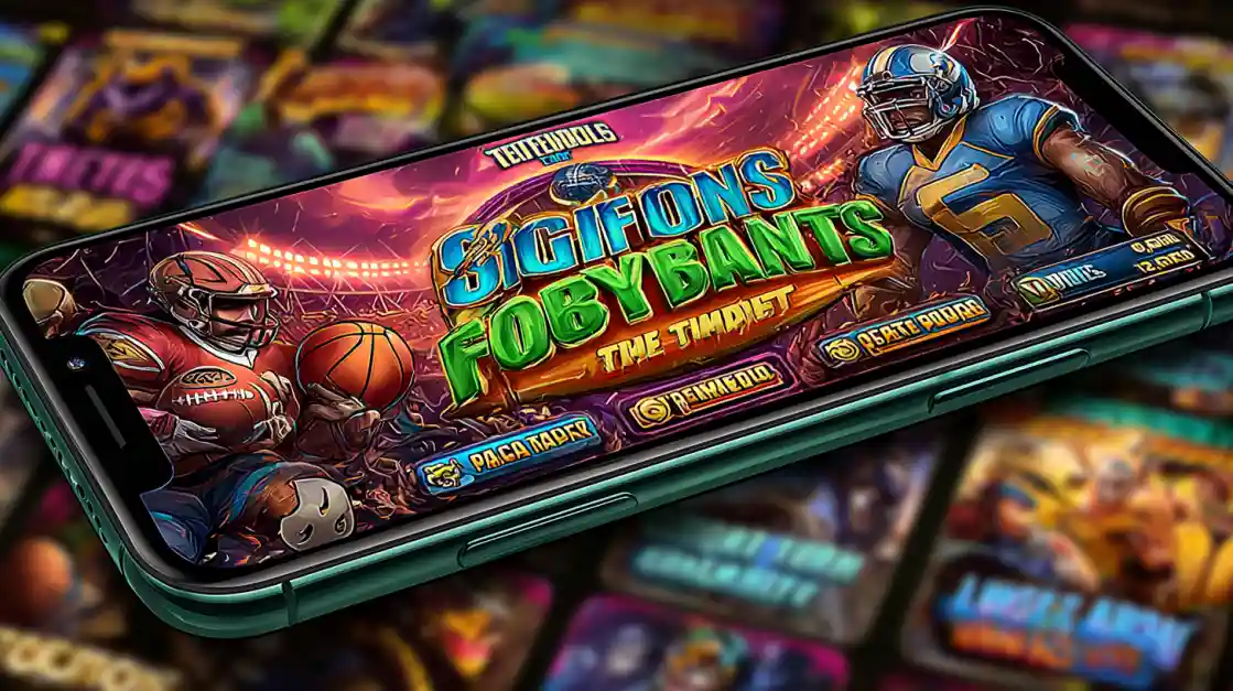 A close-up of a smartphone screen showing the colorful and action-packed interface for an American sports-themed mobile game.