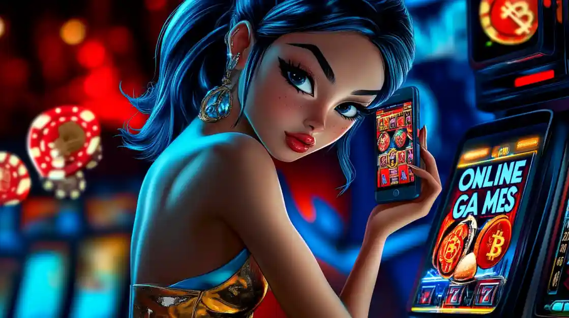 A stylized woman playing online casino games on her phone in a vibrant casino, with Bitcoin symbols displayed on the slot machines.