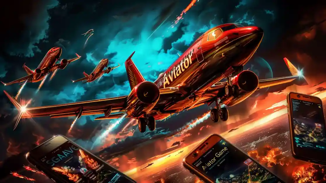An epic promotional image for the Aviator game, showing multiple red jets flying through a dramatic, fiery sky above smartphones displaying the game.