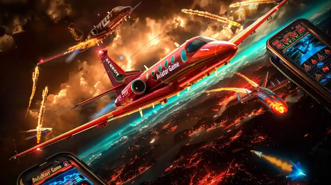 A thrilling image of the Aviator game, with a red jet flying through a chaotic space scene. Mobile phones at the bottom show different aspects of the game.