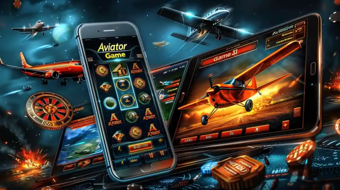 The Aviator game showcased on both a mobile phone and a tablet, displaying the slot and crash game versions amidst a high-tech casino setting.