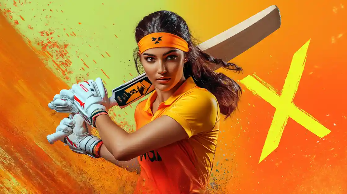 A dynamic female cricket player in an orange uniform holds a bat in a ready stance against a vibrant orange background, promoting cricket betting.