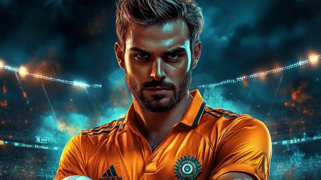 An intense portrait of a male cricket player in an orange jersey, set against a dramatic stadium background for a sports betting promotion.