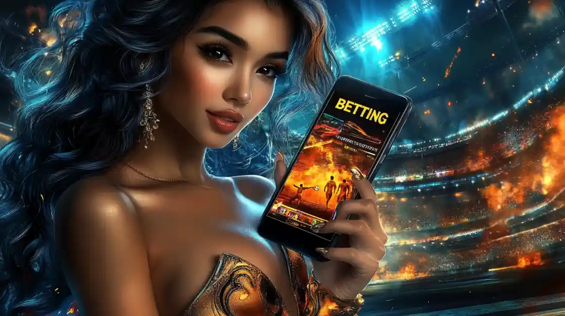A beautiful woman holds a smartphone showing a betting application, with the vibrant, fiery lights of a packed stadium in the background.