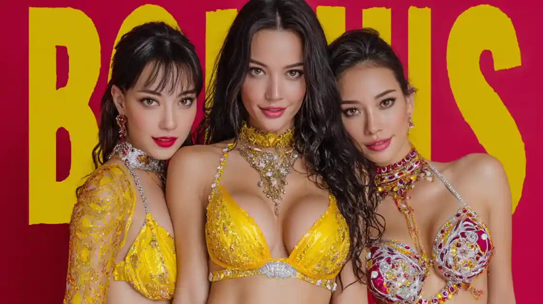 A promotional image featuring attractive models showcasing various casino bonus offers and promotional campaigns.