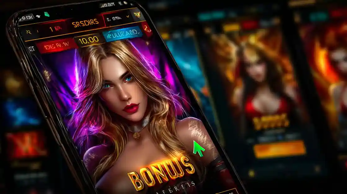 A smartphone displaying a slot game with bonus features activated, showing free spins and multiplier symbols.