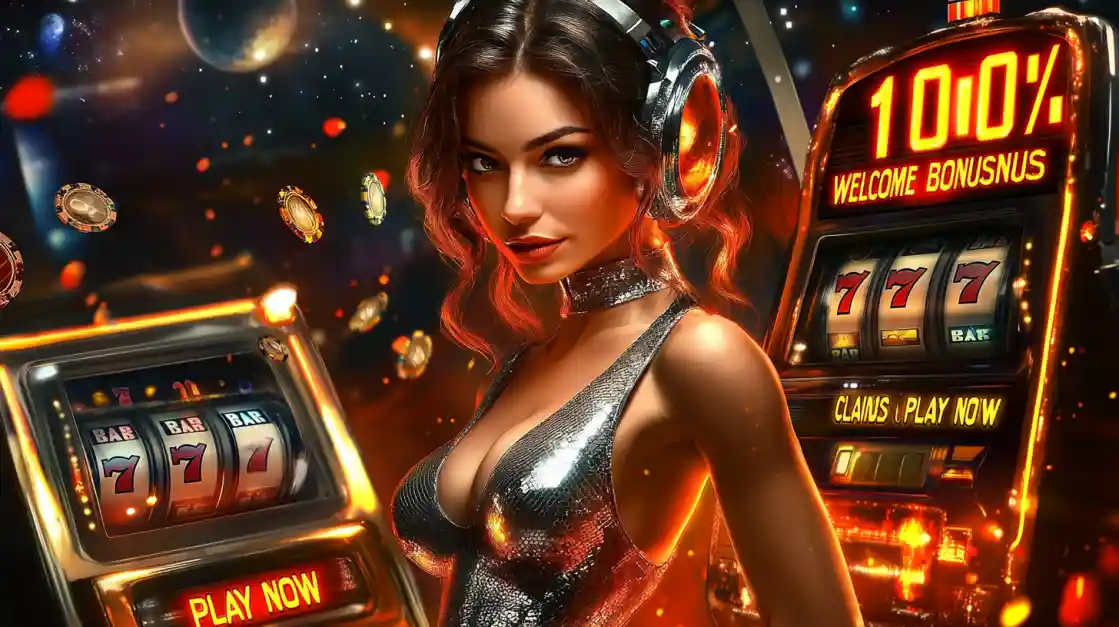 A beautiful woman in a futuristic space-themed casino setting, surrounded by floating bonus symbols and welcome offers.