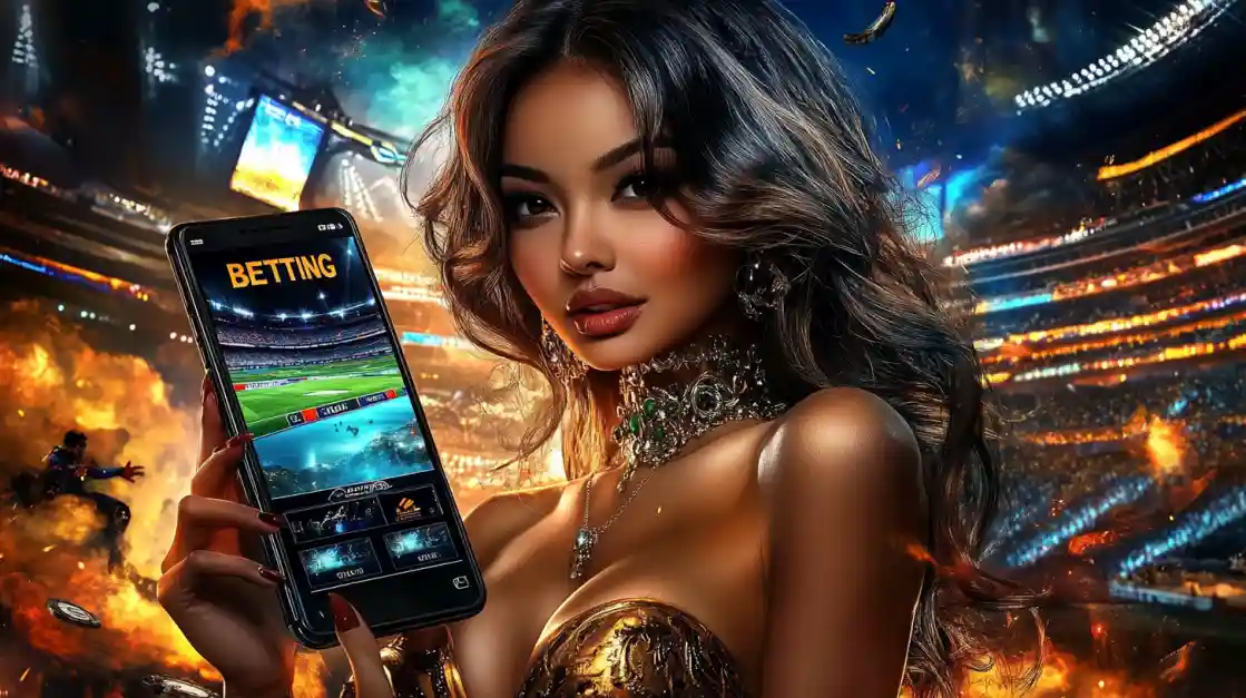 A glamorous woman holding a smartphone displaying a sports betting app, set against the dramatic background of a fiery football stadium.
