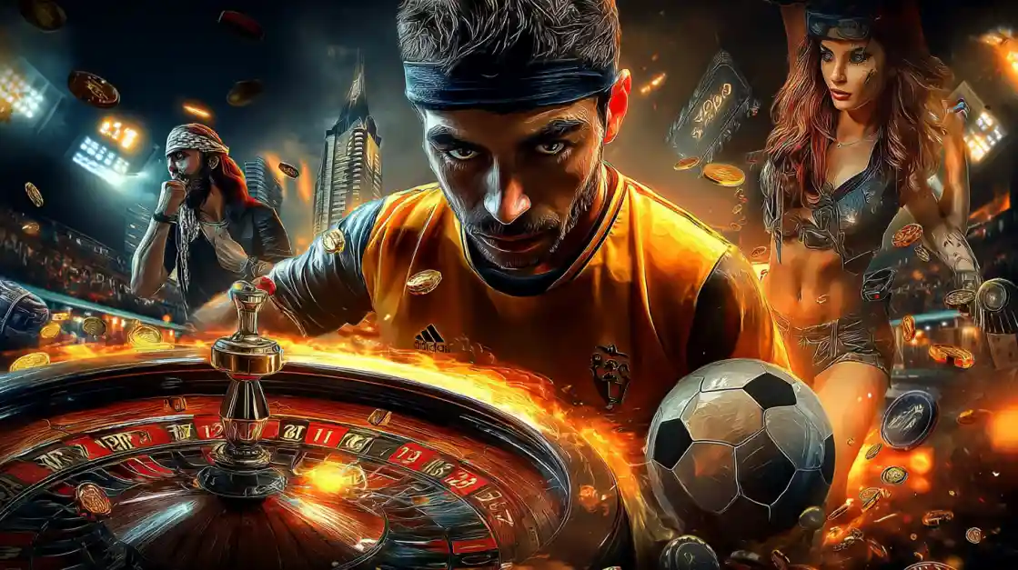 An intense-looking football player in front of a flaming casino roulette wheel, blending the excitement of sports betting and casino games.
