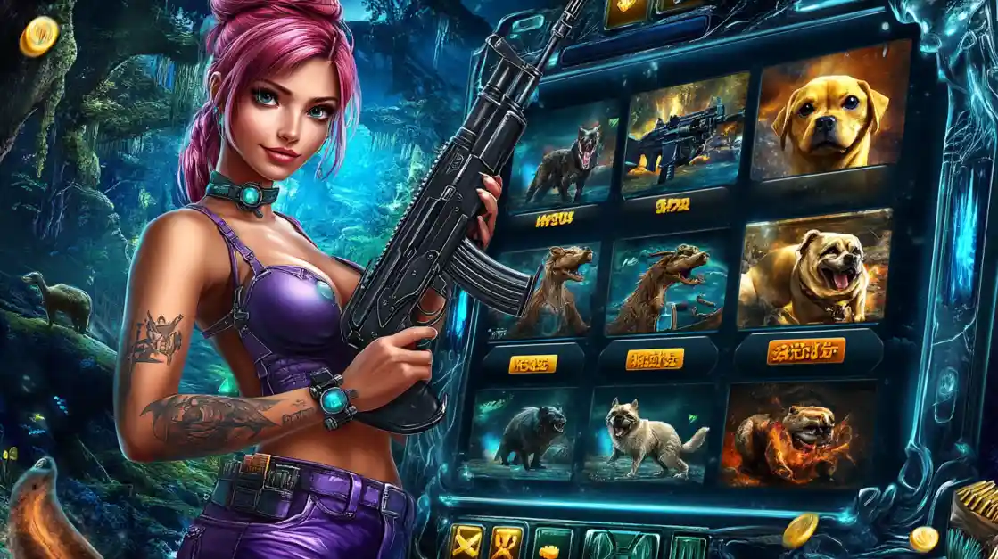 An action heroine with pink hair and a rifle stands next to an online slot machine. The slot game features symbols of different dogs and wolves.