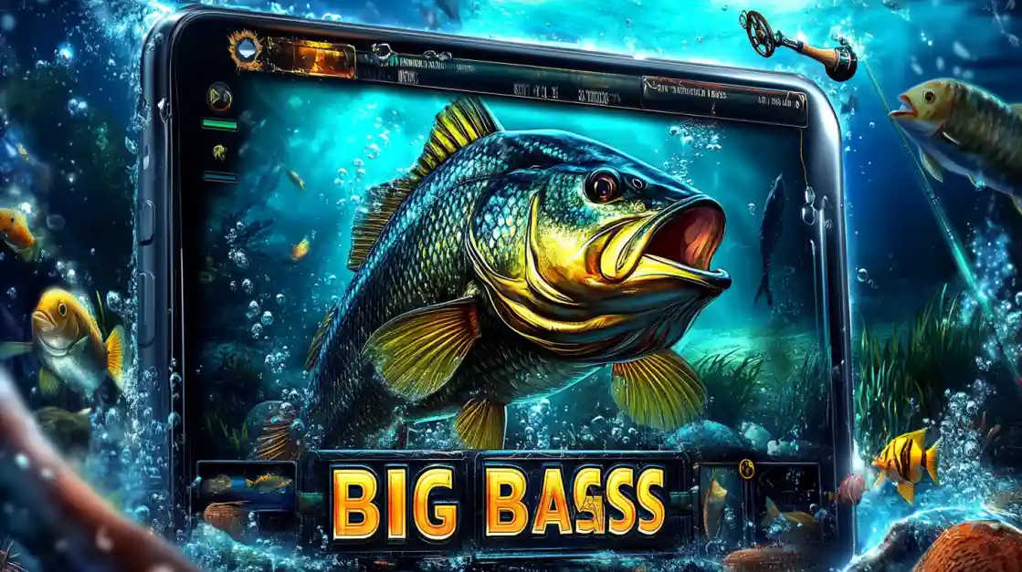 The Big Bass slot game shown on a mobile phone, with a huge bass fish jumping out of the screen in an underwater setting.