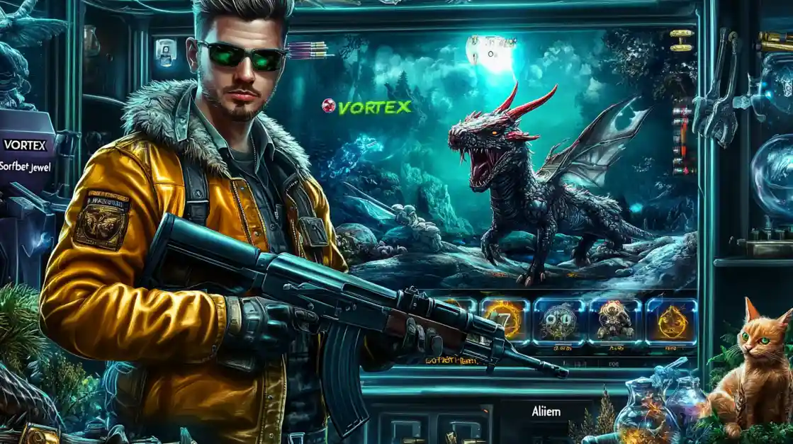 A stylish man holding a rifle in front of the Vortex online slot game, which displays a fantasy world with a fierce black dragon.