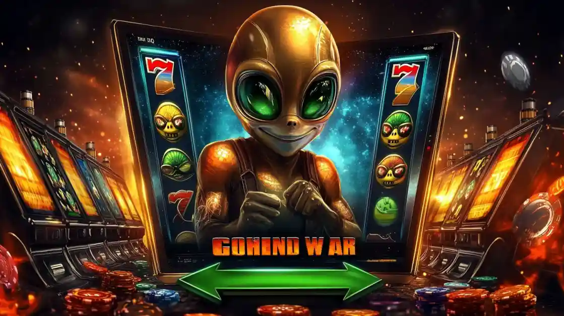 An online slot machine featuring a golden alien character as its central theme, set in a futuristic casino with rows of glowing gaming machines.