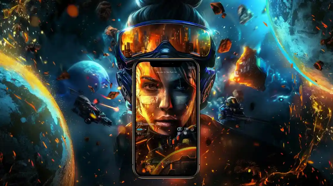 A smartphone displaying a futuristic game interface, set against an epic background of a woman in VR goggles during a vibrant space battle.