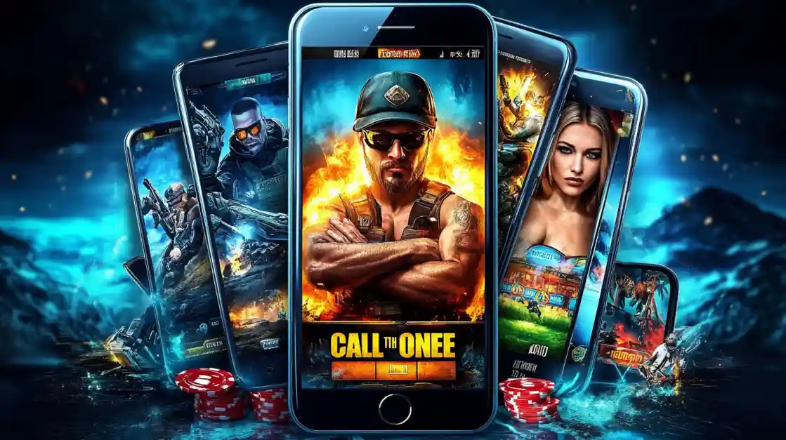 A collection of smartphones showcasing various action and fantasy-themed online casino games and slots available for mobile play.