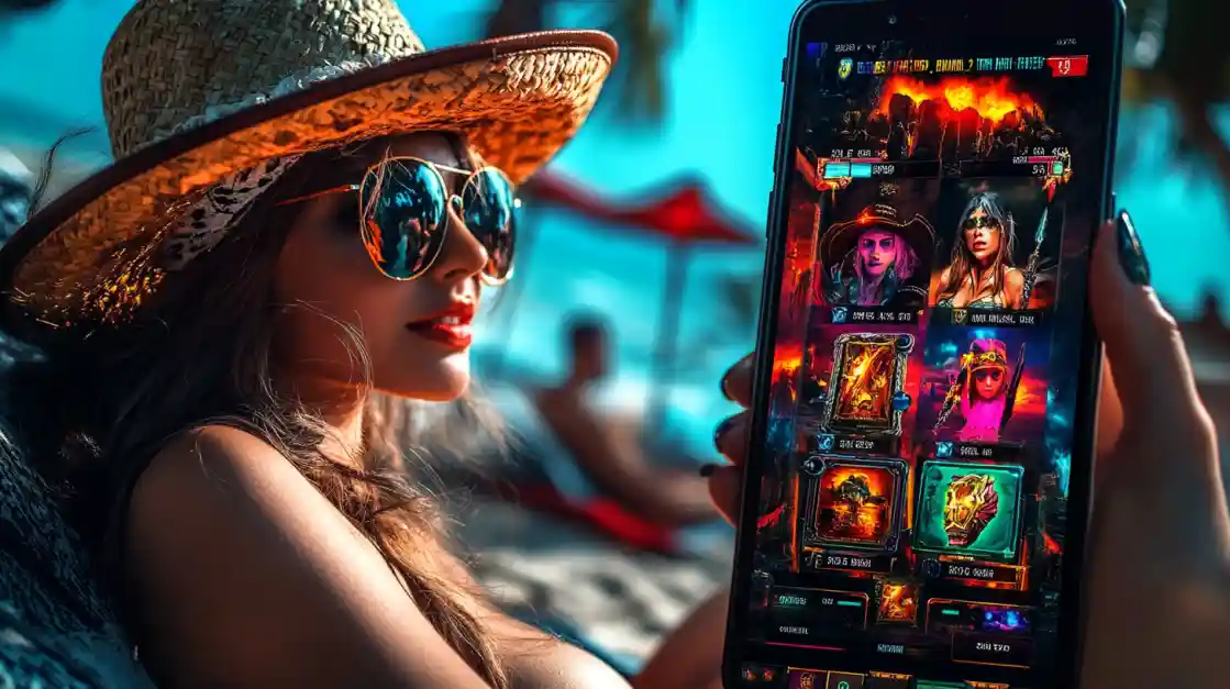 A stylish woman in a sunhat and sunglasses plays a fantasy-themed game on her smartphone while relaxing on a beach.