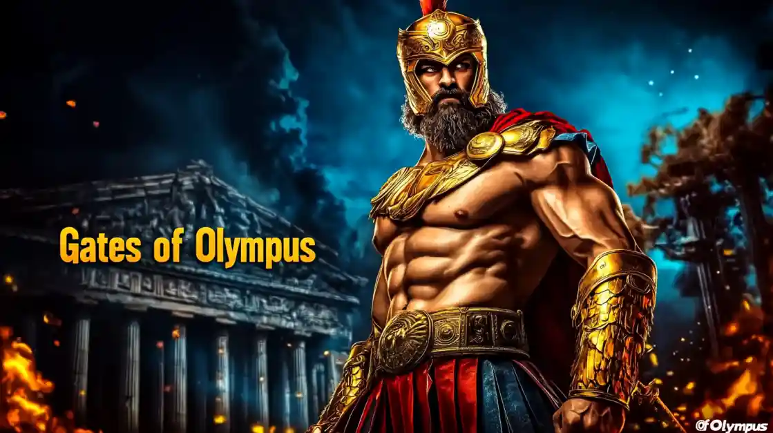 Promotional image for the Gates of Olympus slot game, featuring a powerful ancient Greek god warrior in front of a burning temple.