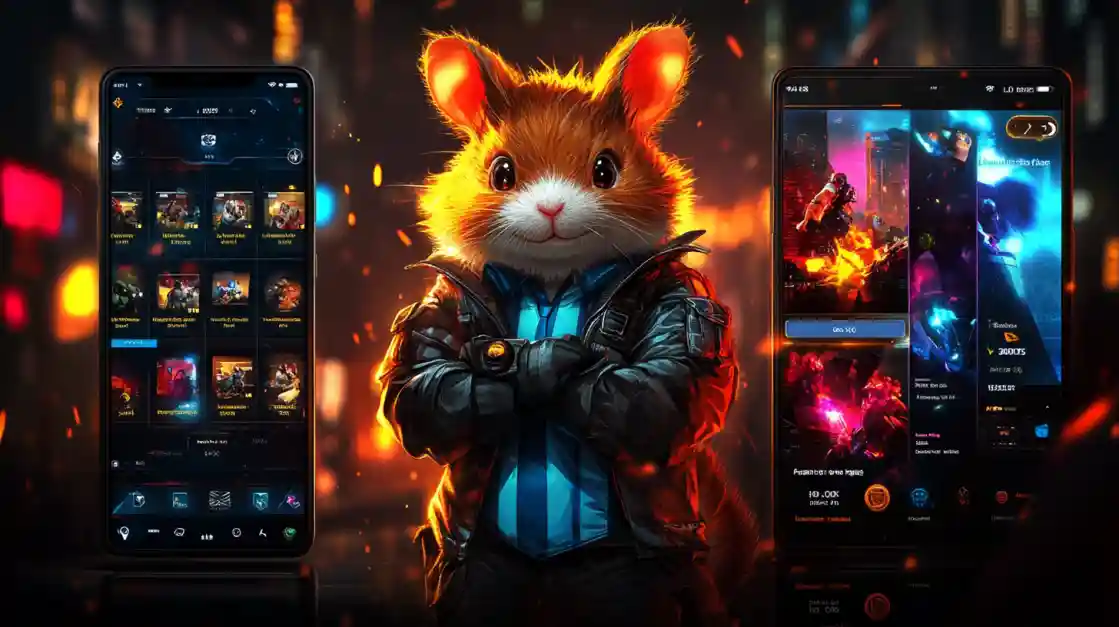 A cool hamster character dressed in a jacket stands between two smartphones showcasing a futuristic online gaming app interface.