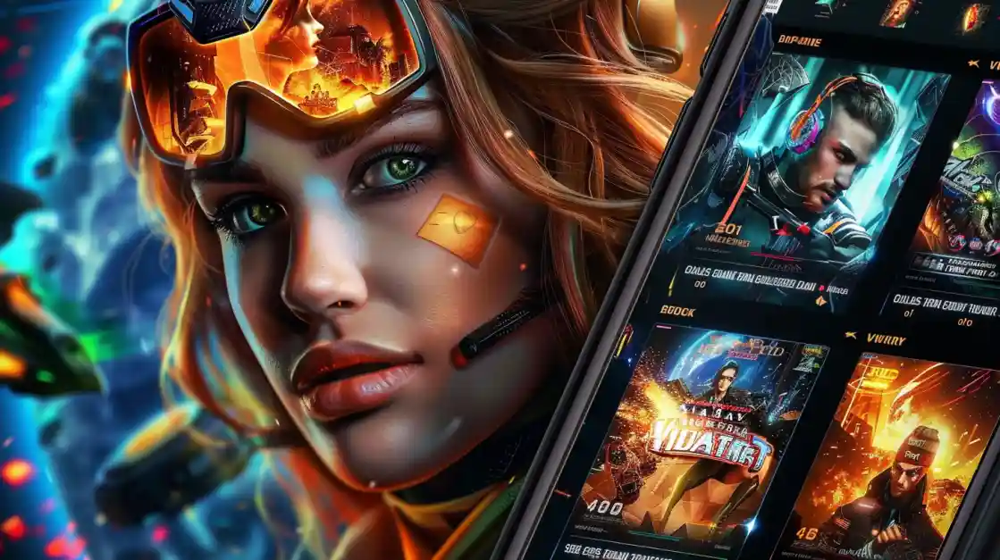 A close-up of a futuristic woman wearing VR goggles looking at a smartphone that displays a selection of sci-fi themed online casino games.